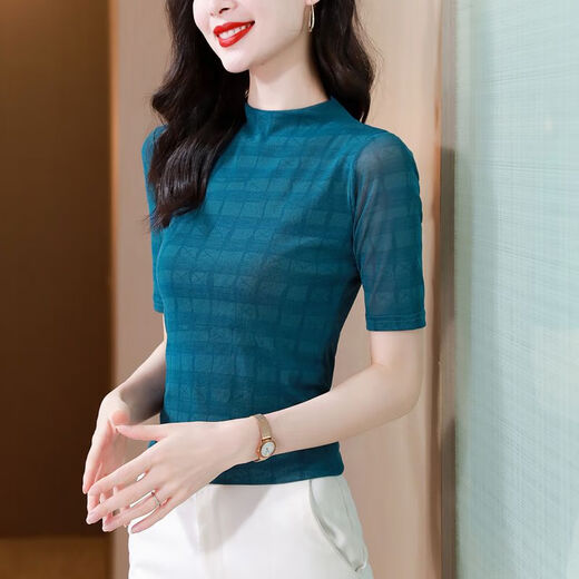DRYWORLD洋气百搭真丝t恤女大码网纱双层打底衫女装2025新款短袖夏上衣女 花色 【时尚爆款9898图片色】 M