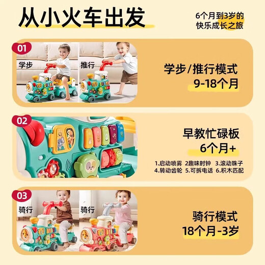 煦凛日本婴儿学步手推车多功能宝宝学走路神器2025新款防o型腿五合一 学步版绿色 【学步+手推】4合1小火车 充电版