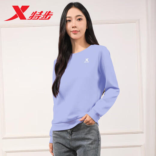 特步（XTEP）卫衣女装秋季新款纯色套头衫学生圆领长袖上衣女宽松潮流运动服女 【春秋薄款】浅紫 M 165 现货速发