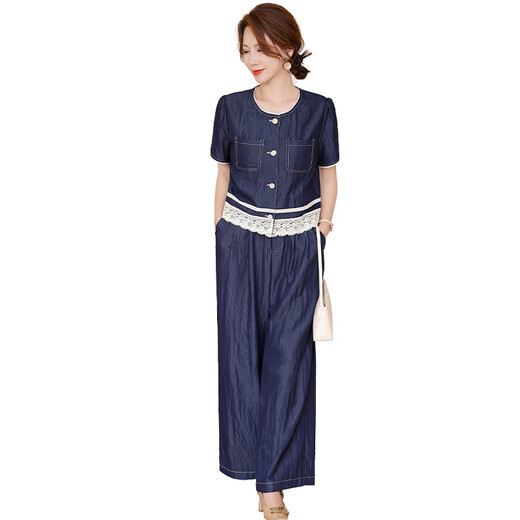 
La Chapelle 2025 new summer fashion denim wide-leg pants suit for women summer short-sleeved casual fashionable two-piece set for women blue L (recommended 105~115Jin [Jin equals 0.5 kg])