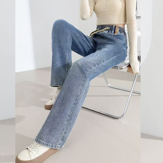 Shengmeixue tablero estrecho cintura elástica jeans rectas jeans Femenina de primavera en forma de pera 2025 pantalones delgados de cubierta de cadera 6626 azul retro nueve puntos 26 sugirió 80-90 Jin [Jin equivale a 0.5 kg]