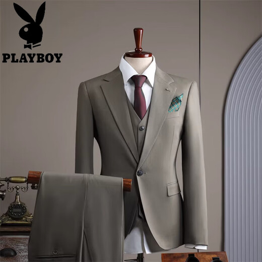 Playboy Suit Men's 2025 Winter Thick Business Professional Formal Wear British Fashion Groom Wedding Suit High-end Tea Gray Three-piece Suit L 50