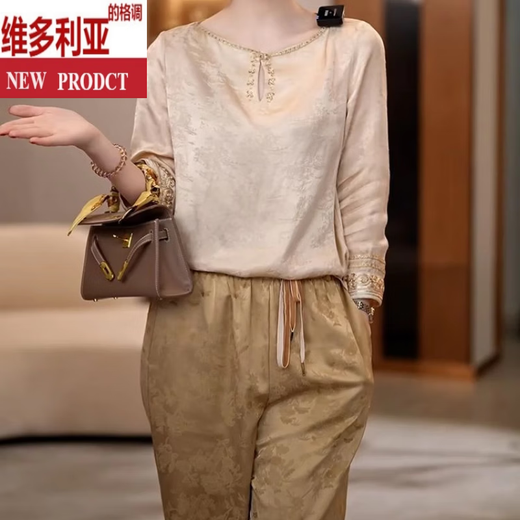 Victoria's Style Light Luxury Jacquard Modeanzug für Frauen 2025 SOMMER NEUER STYLE DIGNIFIED UND ELEGANT LOOSE TOP + HOSEER LICHT GOLD M HEIGE 90 JIN [JIN ERHMEN 0,5 KG] -105jin [Jin gleich 0,5 kg]