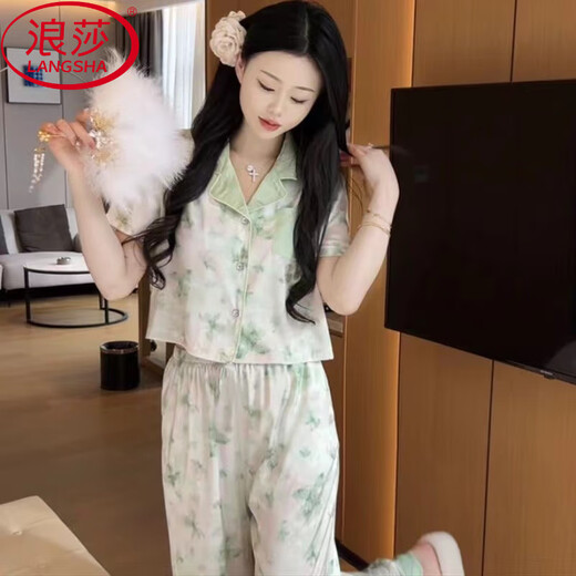 浪莎（LangSha）冰丝睡衣女超仙小香风夏短款短袖长裤空调房夏天甜美家居服套装 694 蝴蝶水墨画 短长 M ( 建议 80-98斤)