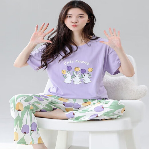 
Jinrenchu ​​pajamas for women in summer pure cotton short-sleeved trousers cartoon sweet girl summer home clothing set 9720 single size M code [recommended to wear 80-100 Jin [Jin equals 0.5 kg]]