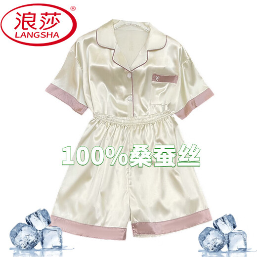 LangSha 2025 Silk Pajamas Women's Short Sleeve Summer Thin Mulberry Silk Can Outdoor Home Clothing Set Spring and Summer #YX-3937 XL [116-130]Jin[Jin equals 0.5 kg]