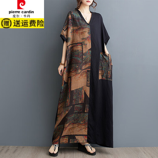 皮尔卡丹（pierre cardin）胖MM薄棉麻印花拼接遮肚显瘦v领短袖撞色长款连衣裙 9856#蓝色拼接 均码 大100-200斤