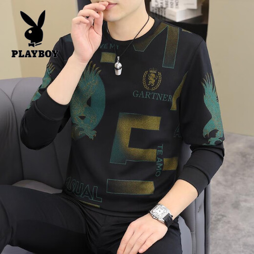 Playboy (Playboy) 2025 Herbst und Winter New Herren Langsamtes T-Shirt European Fody Herren hübsches modisches Sweatshirt Plus-Size-Basis-Shirt-T-Shirt [Frühling und Herbst] 6626 Khaki Thin Model M 90-15jin [Jin gleich 0,5 kg]