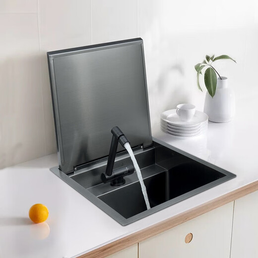 九牧（JOMOO）2025新款304不锈钢吧台隐形小水槽单槽中岛带阻 4839翻盖款洗杯器阻尼