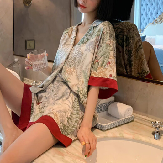 UKUHPKINS Spring and Automne Ice Silk Shek Shorts Shorts pyjamas Femme Femme Female Casual Clothing Set Yfy9905 [Silk Smooth and Cool] M [80-100jin suggéré [Jin est égal à 0,5 kg]]]
