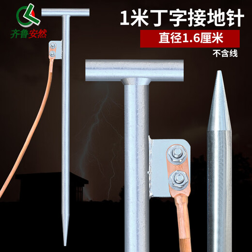 齐鲁安然  加粗避雷针 接地线接地针防雷屋顶避雷针接地线针楼顶户外工程防雷器别墅家用农村自建房防雷针全套 仅1米T型接地针