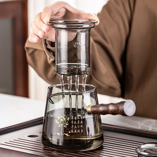 Porcelain brand tea set, carved glass teapot, tea set, household anti-scalding wooden handle tea kettle, high-end Kung Fu tea set, gray bamboo carved teapot, 8-piece set with handle and cup + tea tray