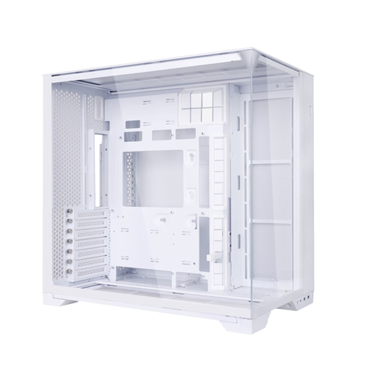 LIANLI Bauhaus O11 Vision Boîtier compact avec vue sur la mer pour ordinateur de jeu sans colonne, boîtier de bureau en verre à trois faces/refroidissement par eau à 360 degrés, version exquise blanc + écran secondaire + ventilateur sans fil de quatrième génération 5 avant et 3 arrière + émetteur