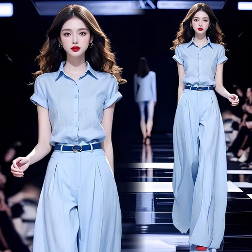 欧迪惠（Oudihui）时尚气质套装女2025夏季休闲裤女装新款短袖衬衫高腰阔腿裤两件套 灰色套装 L