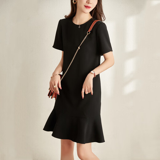TOUCH MISS dress for women in summer new style, slim and round neck, casual and fashionable, high-end and versatile short-sleeved fishtail black dress, black (pre-sale) L