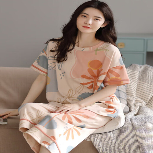 Jinrenchu ​​pajamas for women in summer pure cotton short-sleeved cropped pants dots can be worn outside for women's home clothing set 9856 Single size M code recommended for 80-100Jin [Jin equals 0.5 kg]