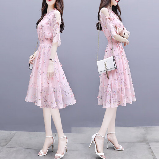 Homesee Light Luxury International High-End-Markenkleider für koreanische Frauen im koreanischen Frauen, modische, schlanke hüftgeschwungene, beliebte Blumenröcke, Chiffon Pink Blütenkleid S S