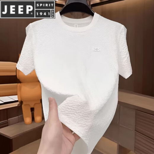 Jeep Spirit2025 Neue Sommereis-Seiden Textur bestickter runder Nacken Männer kurzärmelige modische halbärmelige, vielseitige leichte luxuriöse T-Shirt-Männer [Sommerkurzhülse] 6628 Black M 80-105jin [Jin gleich 0,5 kg]