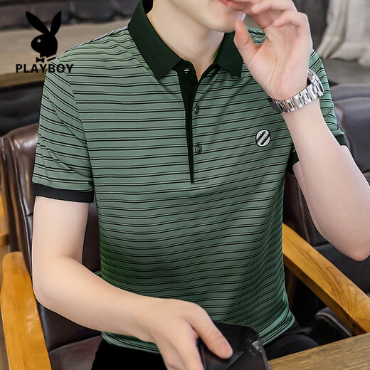 花花公子（PLAYBOY）高端夏季高端短袖t恤男士休闲百搭条纹polo衫男装翻领冰丝半袖 LD6227黑色 2XL 180