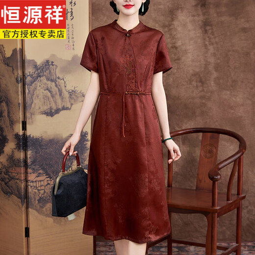 恒源祥红莨香云纱桑蚕丝100%连衣裙新中式真丝旗袍老年婚宴喜婆婆妈妈装 酒红色6629桑蚕丝红莨香云纱lj 2XL 参考体重125-135斤