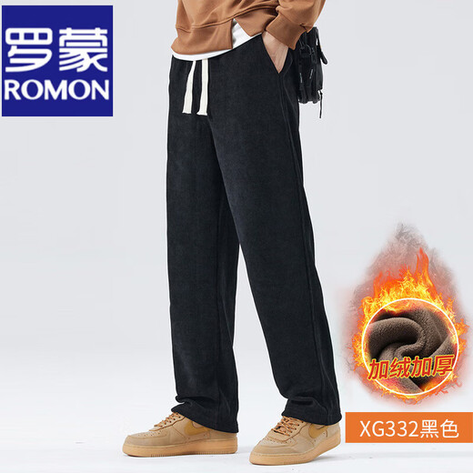 ROMON men's heavyweight corduroy casual pants autumn and winter plus velvet thickened chenille trousers loose sportswear pants for men black style plus velvet XL (140-160jJin Jin equals 0.5 kg)