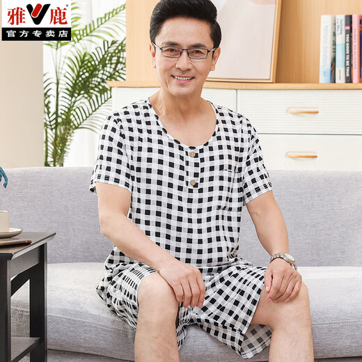 Yalu Summer New Pyjamas mittleren Alters und älterer Herren-Vater rund Hals Pull-up Kurzarmshorts Home Clothing Set 2694 L Empfohlenes Gewicht 100-135 Jin [Jin entspricht 0,5 kg]