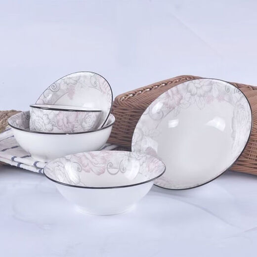 Ceramic soup bowl, large thickened Chinese tableware bowl, rice bowl, rich peony bamboo hat bowl 1 piece (without spoon)