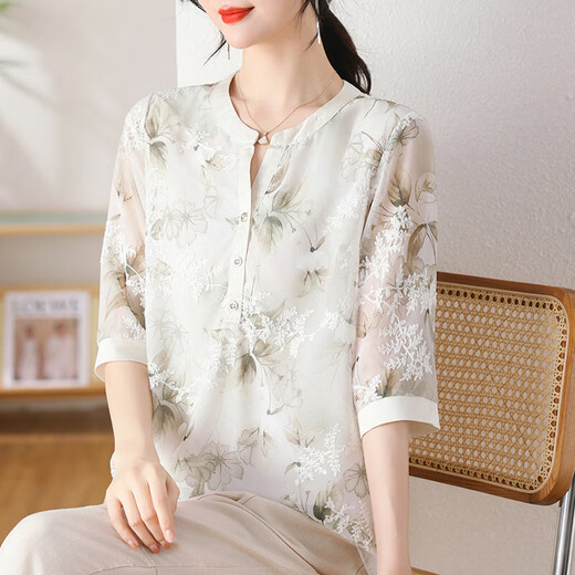 柚狮妈妈装款洋气雪纺短袖T恤2025新款中老年女时尚减龄上衣服 9901_杏色 XL _【建议90-110斤】
