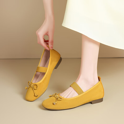 ZHR Single Shoes Frauen Sommertemperament Bow weiche flache Mary Jane Lederschuhe Frauen flacher Mund Ballet Frauenschuhe AH683 gelb 39