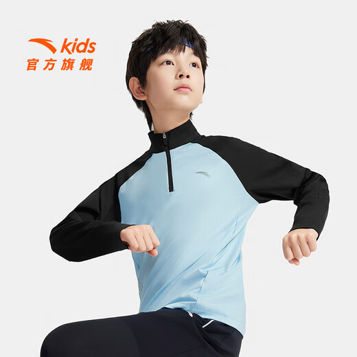 ANTA Children's T-shirt Universal Children's Clothing 2025 Autumn New Style Comfortable Breathable Light Warm Velvet Running Training Knitted Short-Sleeved Shirt Long T Men's Yuzhu Blue 5401-3 130