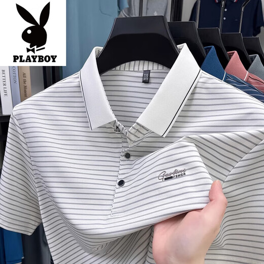 Playboy High-End Ice Seide Kurzärärmelte T-Shirt für Herren Sommer Neu gestreiftes Lapel Dad Outfit Business Casual halbärmelte Polo-Shirt 9922 Black S 165/80A