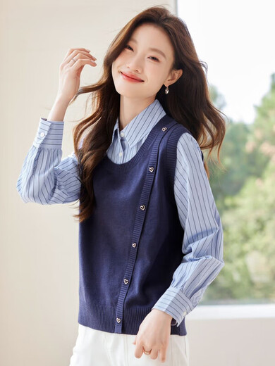 QIAFAN French contrasting color splicing fake two-piece striped shirt for women Autumn and Winter 2025 new temperament age-reducing inner top Navy blue splicing stripes [High quality version] S