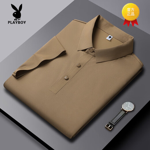 花花公子（PLAYBOY）高端2025夏季新款冰丝短袖T恤男薄款透气半袖POLO衫商务翻领冰丝 PM-12358灰蓝 4XL