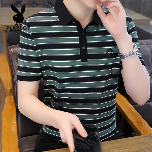 花花公子（PLAYBOY）高端夏季高端短袖t恤男士休闲百搭条纹polo衫男装翻领冰丝半袖 LD6227黑色 2XL 180