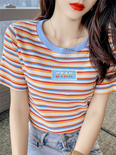 Qinji T-shirt à manches courtes à rayures à rayures pour femmes 2025 Été mince coton pur couleur à manches courtes à manches courtes pour femmes Réparation de version coréenne d'été 9901 # Stripes oranges S recommandées 70-89jin [Jin équivaut à 0,5 kg] Taille universelle