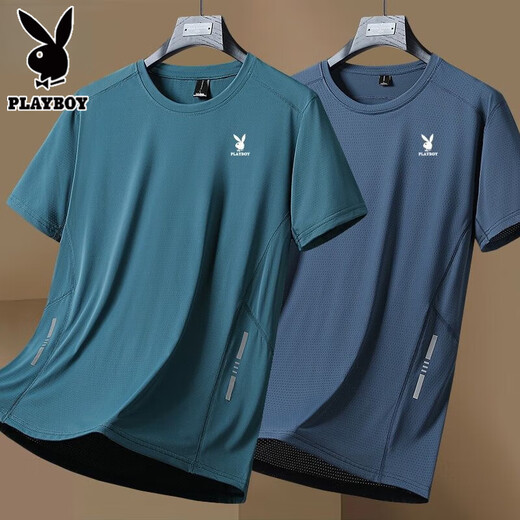 花花公子（PLAYBOY）夏季冰丝速干透气专柜青年运动百搭短袖T恤/2件 舒适亲肤  深灰+黑色冰丝短袖两 XL 建议【115-125斤】