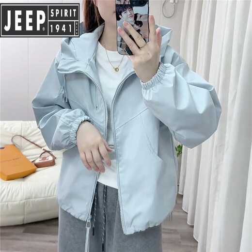 JEEP SPIRIT蓝色双拉链冲锋衣外套女2025春季新款小个子宽松休闲短款夹克 浅蓝色 【原版】 M 建议90-118斤