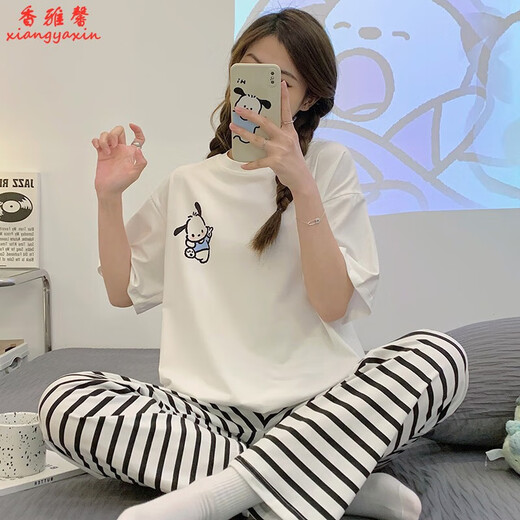 KNFN睡衣女2024年新款夏季纯棉短袖长裤薄款韩版宽松可外穿家居服套装 6625爱心小熊 M 码80-100斤