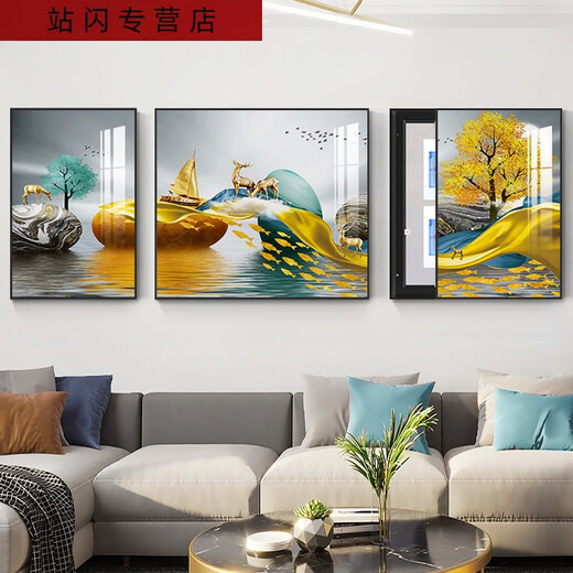 三栖虎客厅电表箱三联画装饰画沙发背景墙挂画总开关免打孔遮挡画配电箱 15269-1-2-3  40*60左右60*60中间/左边左推