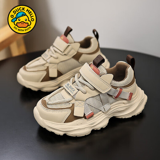 Hello little yellow duck breathable dad shoes summer mesh non-slip lightweight children's running shoes Velcro sports shoes 6231 khaki mesh size 30 (inner length 19.1cm)