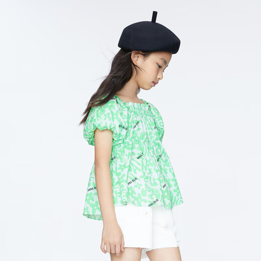 Annai children's clothing girls' short-sleeved tops 2024 spring new style white and green flowers 120