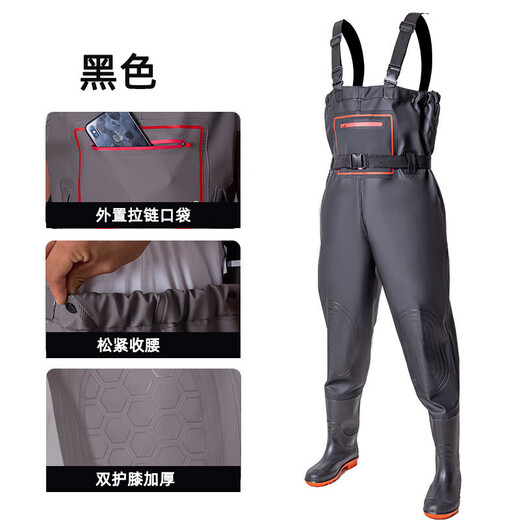 One-piece waders men's rain pants half-length waders water shoes one-piece full-body thickened waterproof clothing fishing suit leather fork double knee pads + thickened gray red dragon style 42