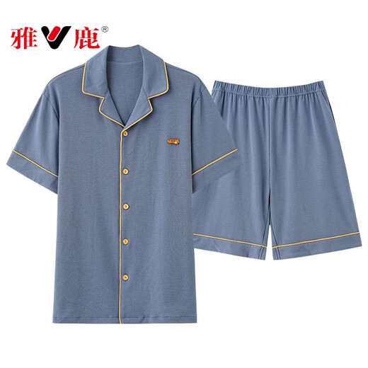 雅鹿睡衣男2025夏季纯棉短袖短裤开衫薄款大码纯色休闲家居服套装 蓝绿色12801 2XL 【建议140-160斤穿】