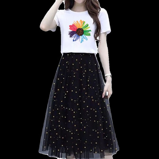 酷章（KUZHANG）网纱裙女两件套装夏季新款短袖t恤女小个子半身裙子学生连衣裙女 韩6198#白色+黑色裙 S