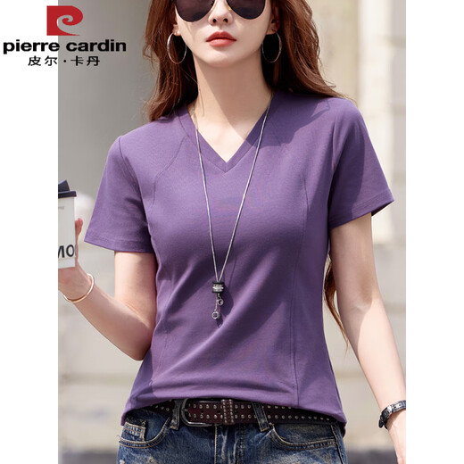 Pier Cardin v-neck pure cotton T-shirt for women's short-sleeved design, shoulder pleated base shirt, new summer style slim and fashionable half-sleeved top 6626 blurred red (fish bone style) XL Recommended 115-125Jin [Jin equals 0.5 kg]