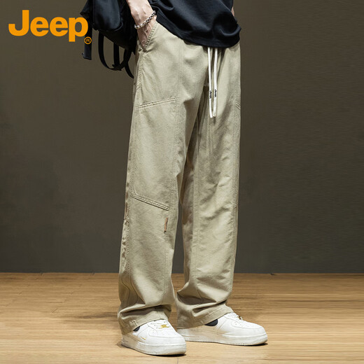 JEEP Casual Pants Men's Autumn and Winter Pure Cotton Trendy Loose Straight Pants Men's Versatile Sports Men's Pants Khaki 2XL