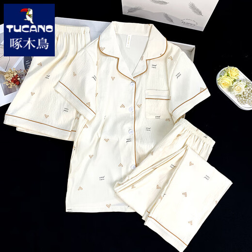 В дятеле Японское молоко Huhu Pure Cotton Make Make Summer Pajamas Женская набор из трех частей Лето простая домашняя одежда с короткими рукавами на открытом воздухе F9922# Трехэтажный комплект M [Предлагается 75-100JIN [JIN равно 0,5 кг]]