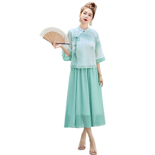 Robe de marque de luxe légère ehangy pour les femmes 2025 Été Nouveau style chinois à la mode et polyvalent robe en deux pièces Green M