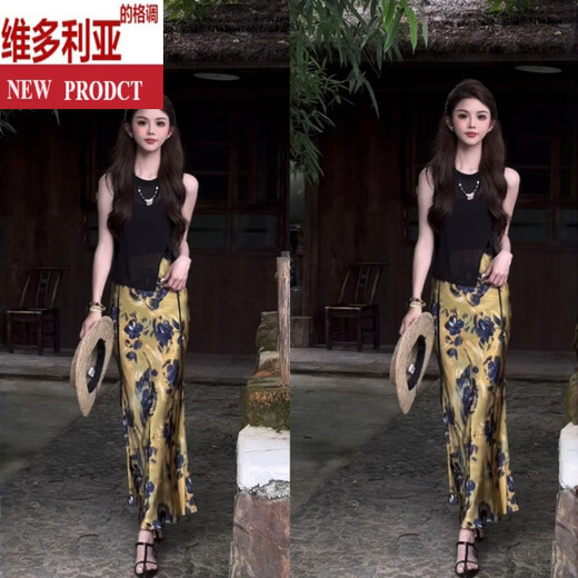 Victoria's summer outfit with a huge and beautiful look, a complete set of new Chinese style, Chinese style, slightly transparent sleeveless top printed hip-pack skirt skirt suit, black top + green skirt L (110-125Jin[Jin equals 0.5 kg])