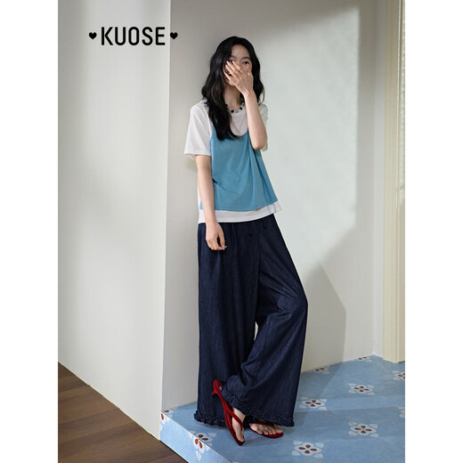 Couleur large (kuose) Jaune Faux T-shirt T-shirt Top Top début d'été 2025 Été Nouveau femme à manches courtes lâches Bleu clair 5012 M